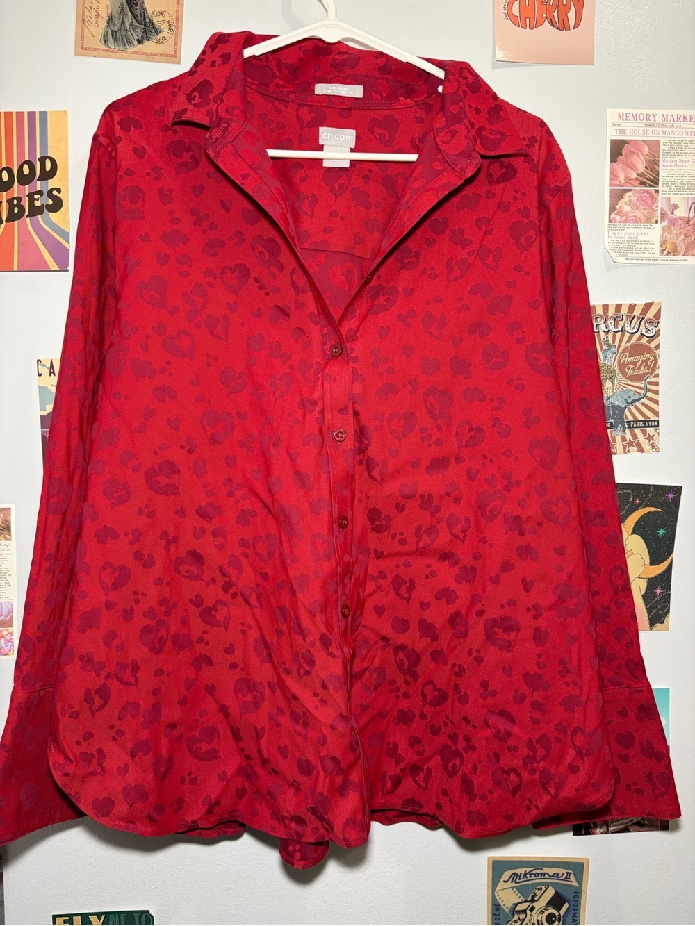 Chico's Red Heart-Print Button-Up Top
